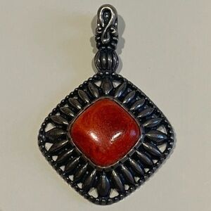 Carolyn Pollack Sterling Silver Red Coral Square Pendant Natural Stone